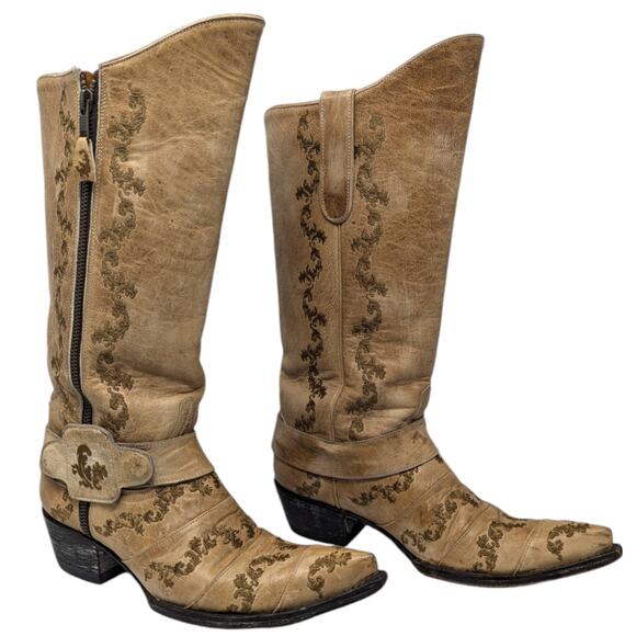 Old Gringo 7B Tan Leather Western Boots Embroidered Fleur de Lis Distressed - Picture 3 of 8